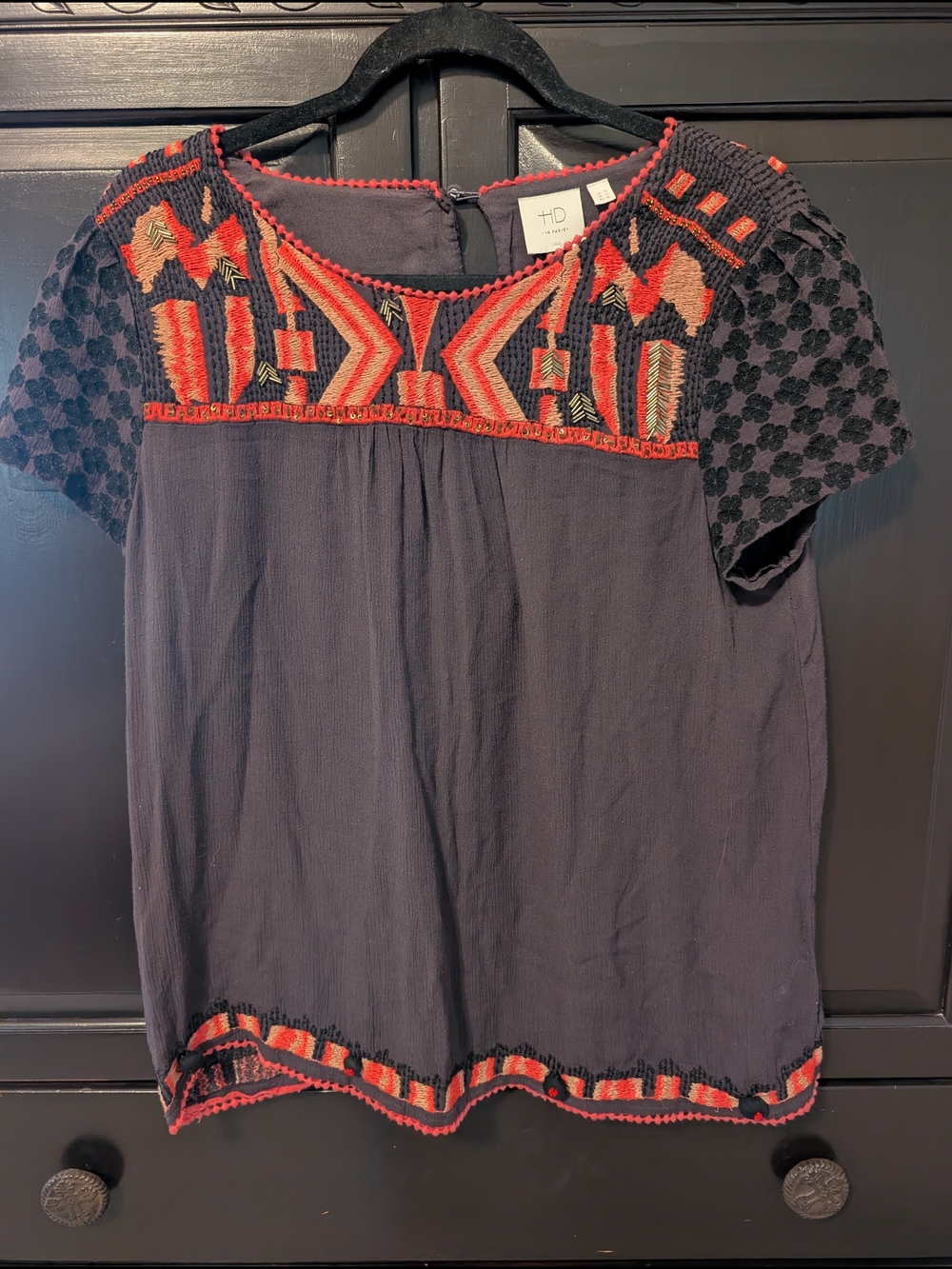 HD in Paris Black Top with Red Embroidered Yoke